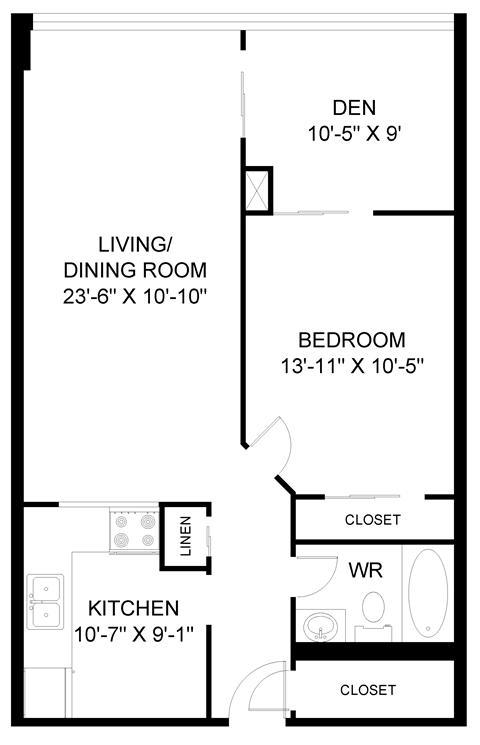 Floor plan for 1 bed, 1 bath, 779 sqft